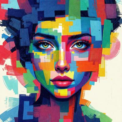 The primary subject of the image is a woman's face, which is the main focus of the image. The setting is a colorful, abstract background that adds a vibrant and artistic touch to the scene. The visual style is a combination of digital art and illustration, creating a unique and eye-catching portrait. The colors and mood of the image are predominantly bright and lively, with a mix of warm and cool tones that evoke a sense of energy and creativity.